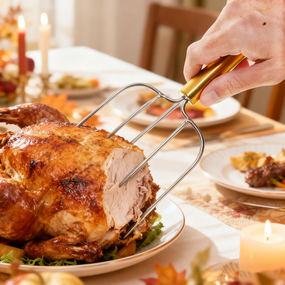 

IK 4 Prong Meat Fork Set of 2 Stainless Steel BBQ Carving Forks for Roast Turkey Beef Heat Resistant Meat Shredder Fork