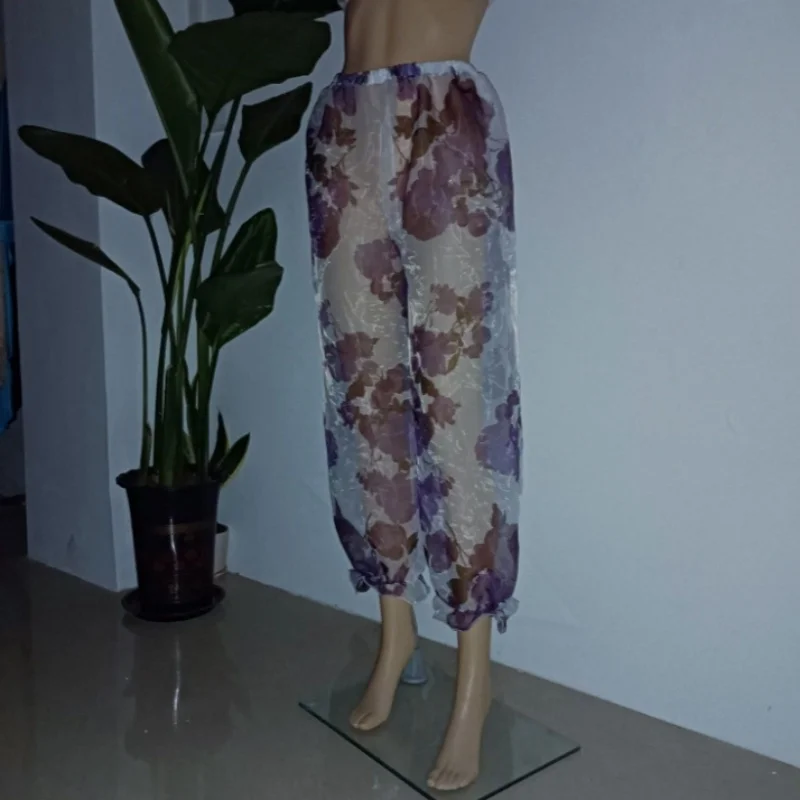 

Glossy Men's Sexy Organza pajamas Pants Women's Soft Silky Perspective Sexy Ruffled Lantern Pants Long Pants Plus Size Trousers