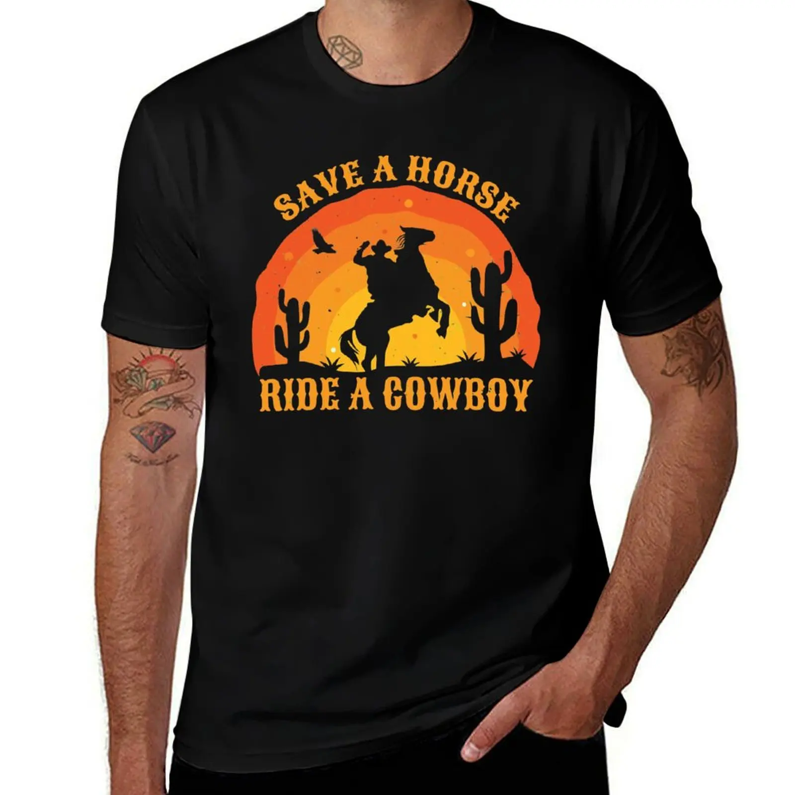 

Save a Horse Ride a Cowboy Retro Vintage Sunset Country Western T-Shirt customs Men's cotton t-shirt