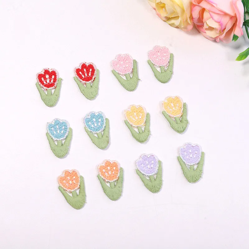 15Pcs Mini Bright Silk Tulip Embroidery Patch Hat Shoes Hair Accessory Patch Children\'s Clothing Flower Sticker