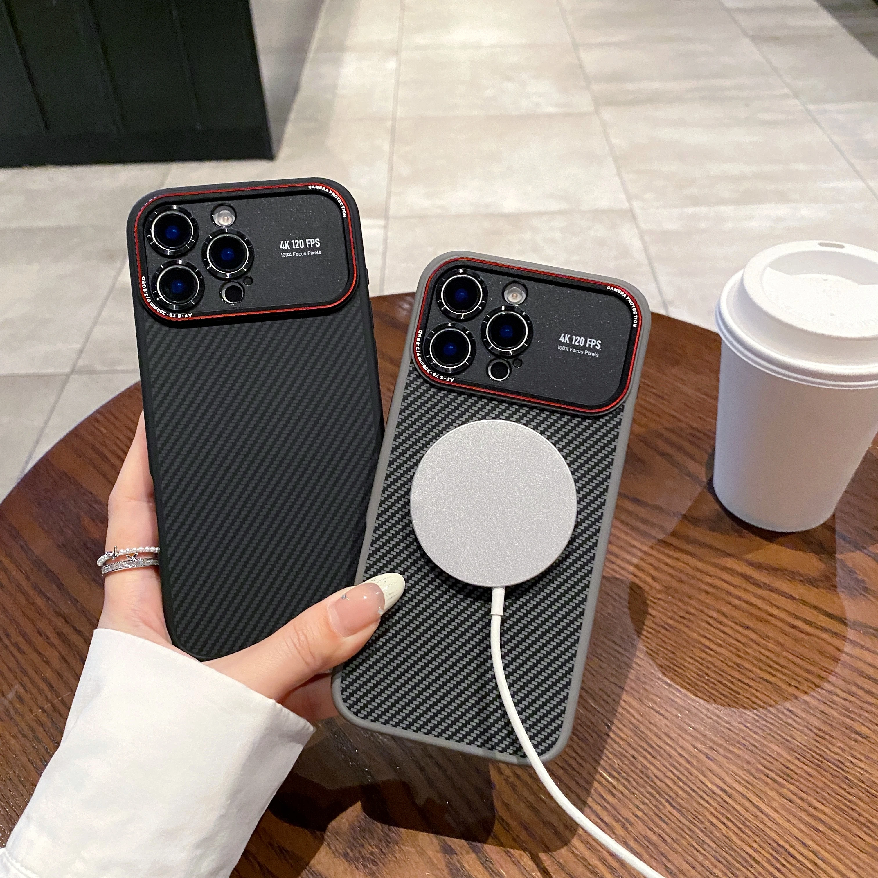 LJ الفاخرة ألياف الكربون محكم المغناطيسي جراب هاتف آيفون 14 15 16 17 برو ماكس نافذة كبيرة عدسة حماية غطاء مقاوم للصدمات