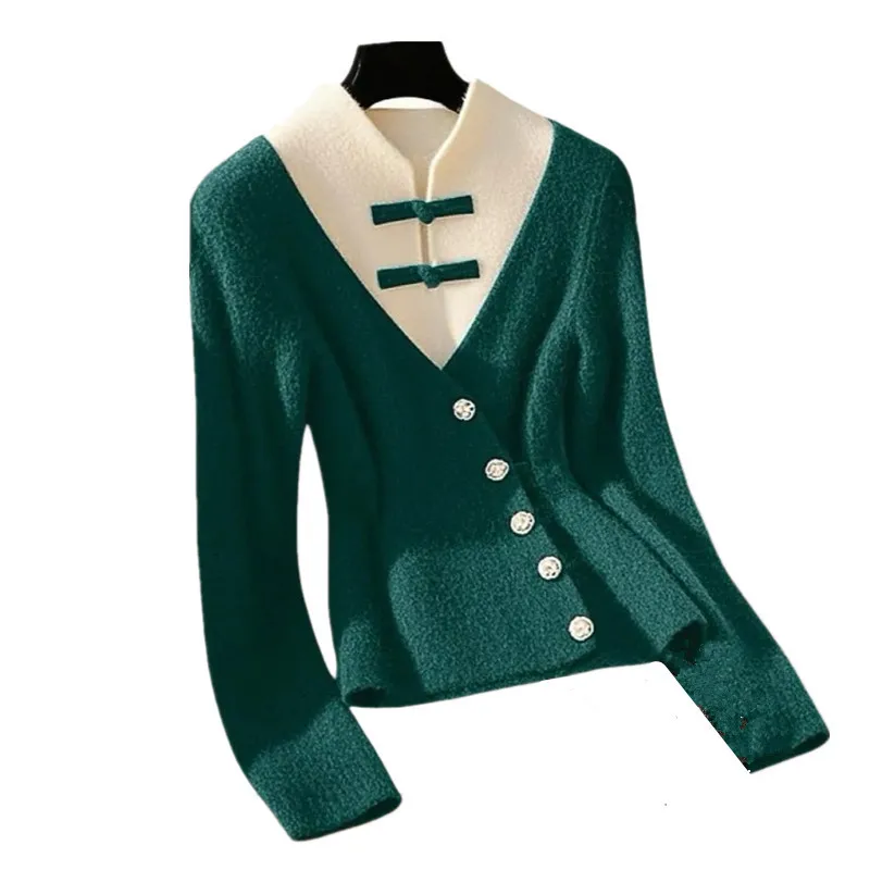 

Autumn Winter New Patchwork Button Slim Knitted Pullover Fake Two Sweaters Women Chinese Style V-Neck Knitwear Tops Female T1415