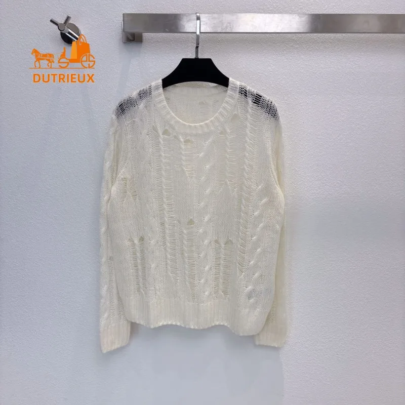 

Autumn Winter Women's Hollow Round Neck Real Wool Cashmere Sweater, 30% Cashmere and 70% Wool, Sexy and Mature All-match Sweater