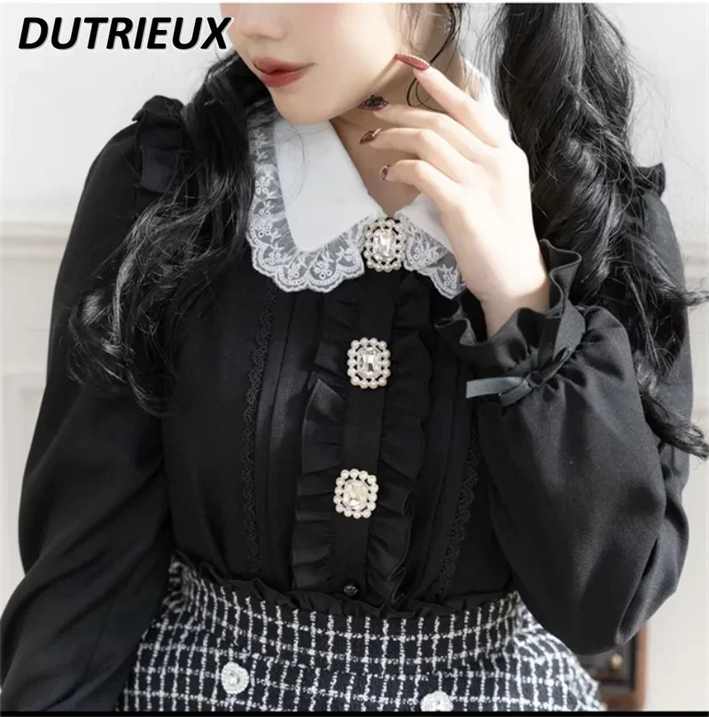 

Japanese Style Sweet Cute Lace Doll Collar Shirt Spring Lolita Pearl Rhinestone Buckle Wooden Ear Bubble Long Sleeve Tops