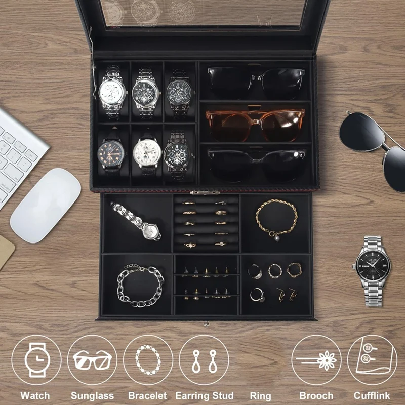 Watch Box, Mens Jewelry Box With 6 Slot Watch Case & 3 Slot Sunglasses Organizer, 2 Layers Lockable Watch Holder