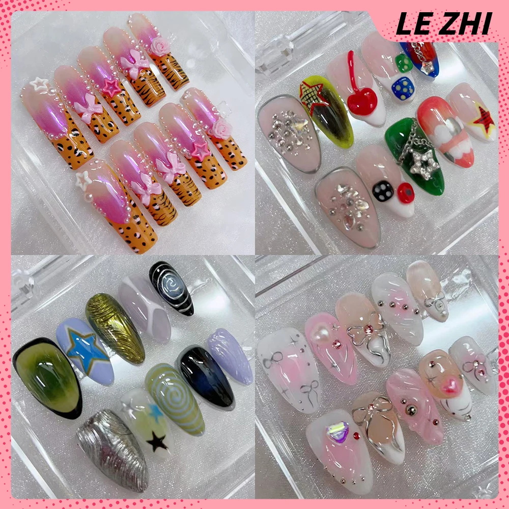 

Sweet Cool Colorful 3D Flower Almond Handmade Full Cover Nails Diamond Pearl Bowknot Magic Mirror Powder Shining Stars Fake Nail