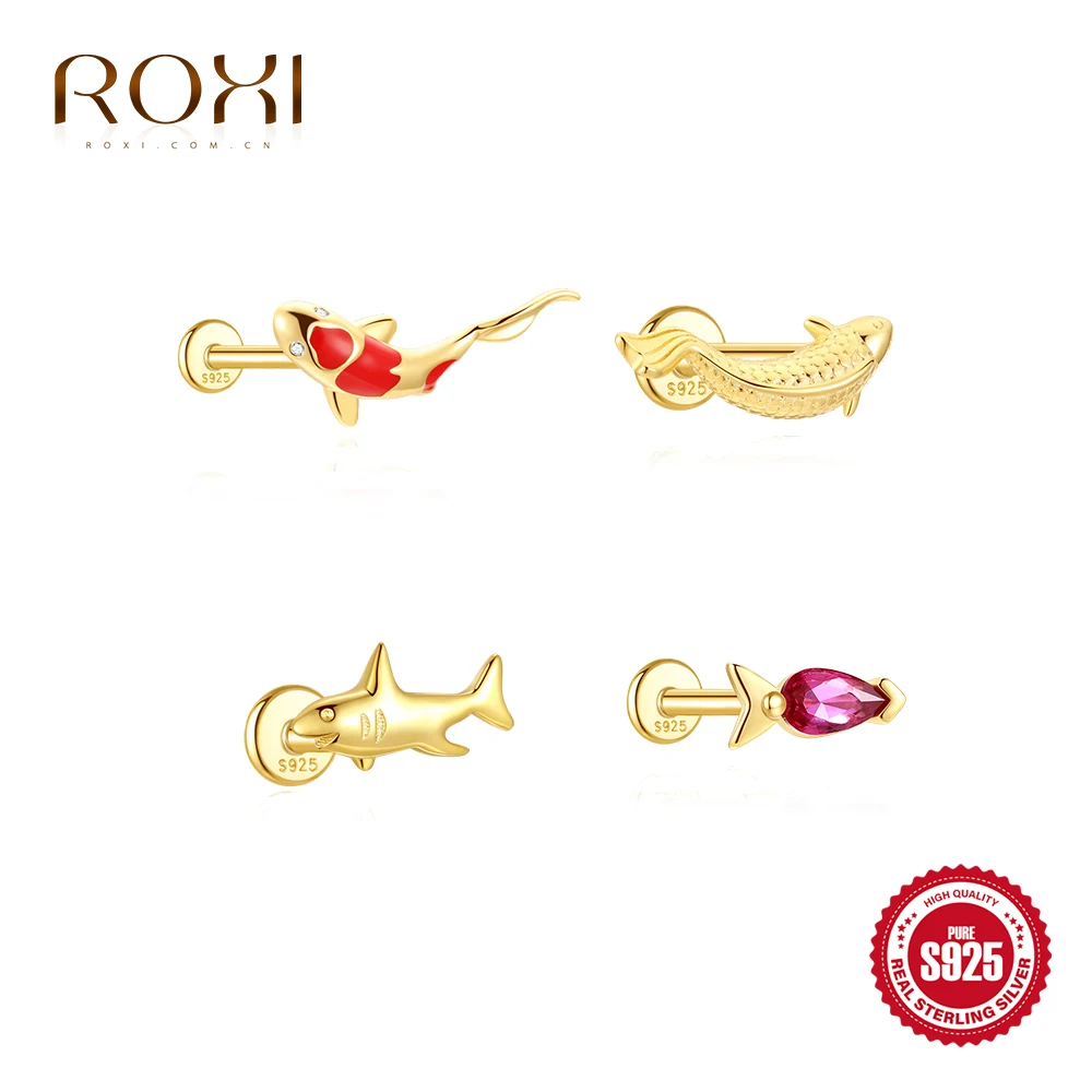 

ROXI 925 Sterling Silver Fish Carp/Shark Series Piercing For Women Allergy-proof Cute Design Summer beach Jewelry