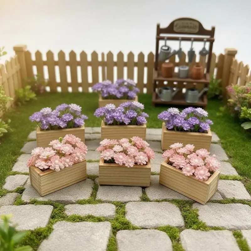 Faux Mini Potted Flower in Wooden Box Realistic Simulation Plant for Study Desk Bookshelf Decoration