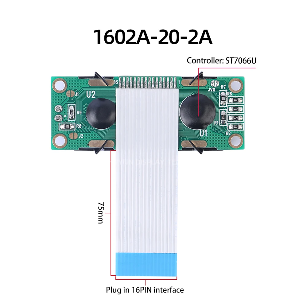 1602A-20-2A หน้าจอตัวละคร FPC75MM หน้าจอ LCD เกรดอุตสาหกรรม16*2ฟิล์มสีเทาสีเขียวมรกต3.3V