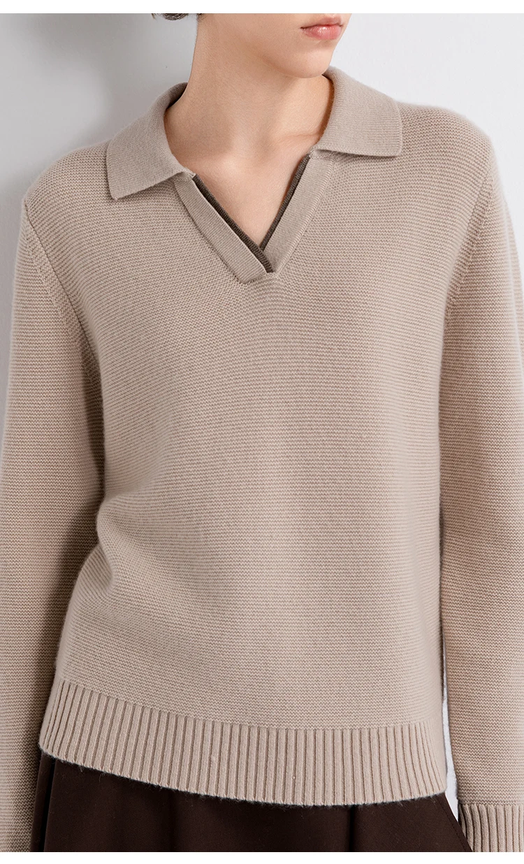 TX862182 Damen-Pullover mit Polokragen und offenem V-Ausschnitt aus Wolle-Kaschmir-Mischung, entspannte Passform, dezenter Luxus für den frühen Herbst. – Detail 8