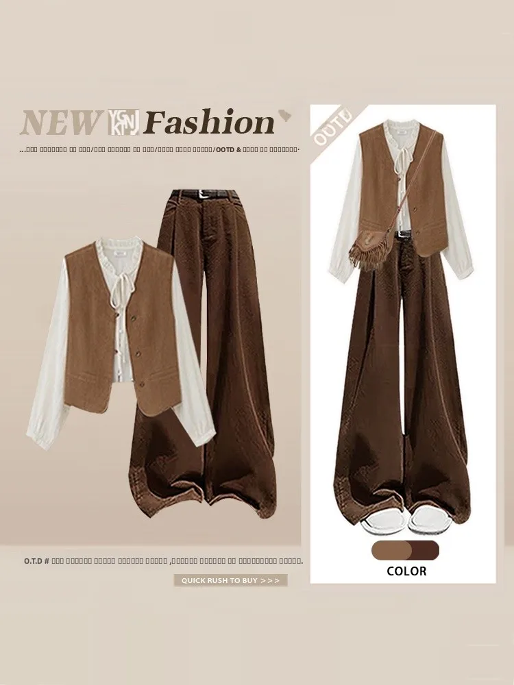 

Ретро-комплект для зимы: женский жилет кофейного цвета, рубашка с высоким воротником, широкие брюки, комплект из трех предметов в гонконгском стиле