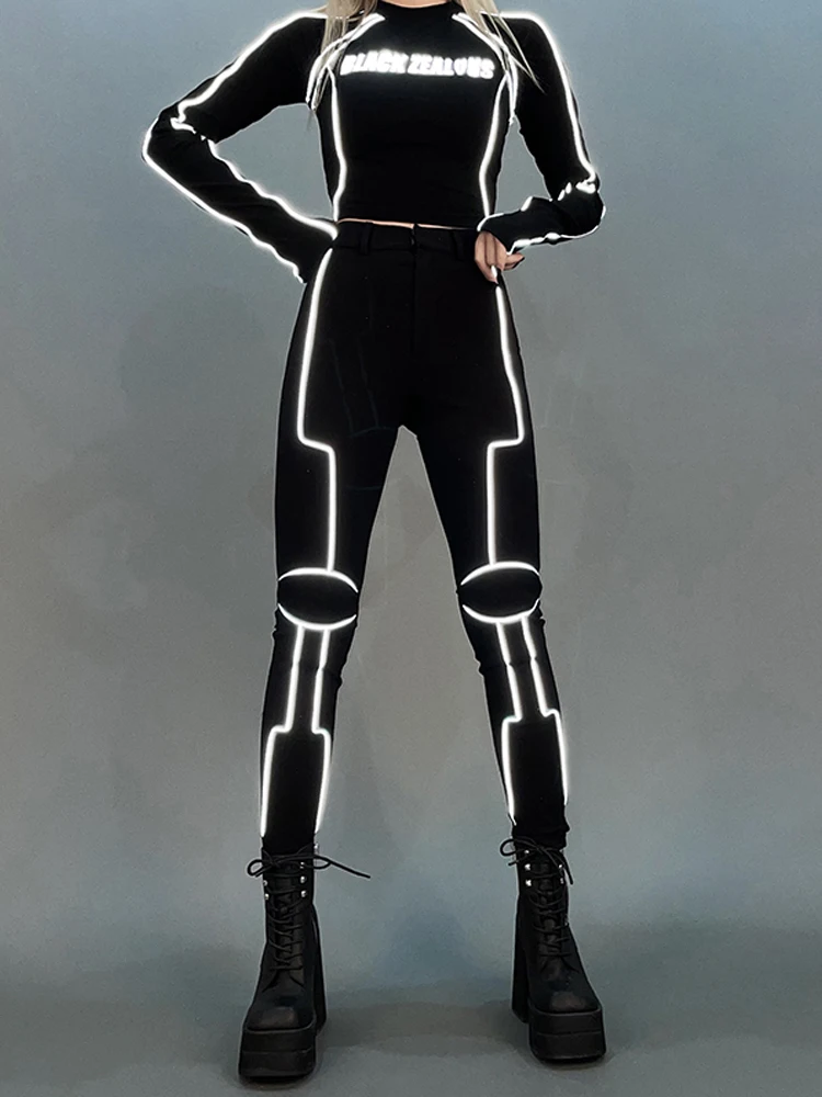 Cyberpunk Motorcycle Suit Mechanical Reflective Stripe High Waist Tights Skinny Pants Reflective Strip High-waisted Pants