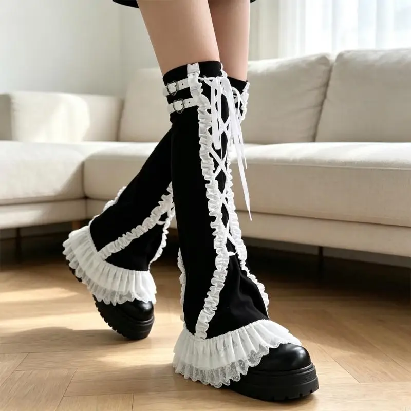 2026 New Decorative Thigh High Leg Warmers with Front Lacing, Layered Ruffle and Lace Trim, Two Buckle Straps, Breathable Fabric