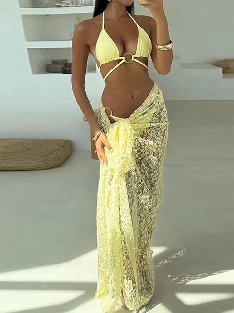 

Повседневный женский комплект без рукавов с вырезами, лето 2026: топ на бретельках + шорты + длинная юбка, простой однотонный кружевной купальник для отпуска