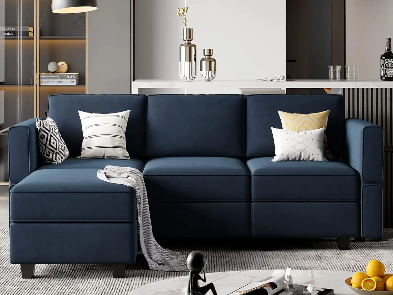 

Convertible Sectional Sofa with Chaise Velvet L Shaped Sofa Couch Modular Sectional Sofa with Storage Blue