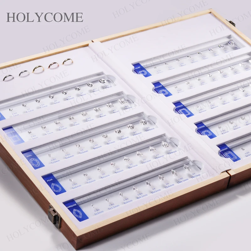 

Free LOGO Custom Comparison Chart Kit Set With Ring Settings Fancy Shapes Gemstone 5A CZ Diamond Carat Sizes for Jewelry Store