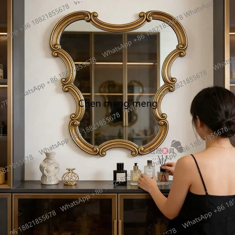 a50 European vintage makeup mirror wall hanging carved luxury special-shaped bathroom mirror French bedroom wall hanging