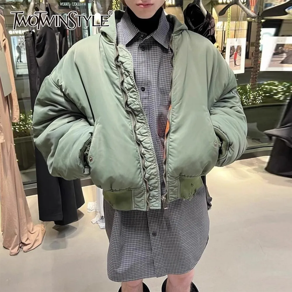 

TWOTWINSTYLE Solid Spliced Pocket Jacket Female Hooded Long Sleeve Loose Streetwear Office Women's Jackets Autumn Fashion New