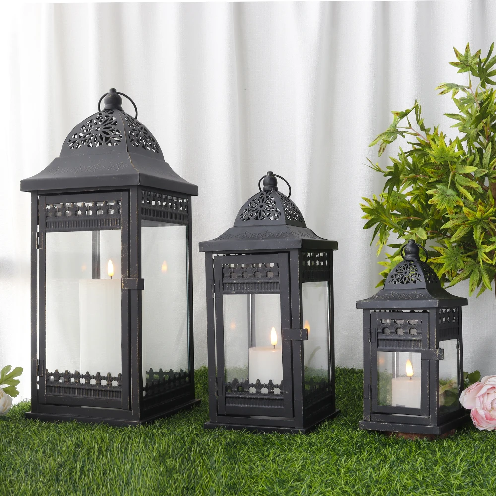 Set of 3 Vintage Black Lantern Durable Garden Metal Lantern Empty Square Candle Lantern for Wedding Decoration