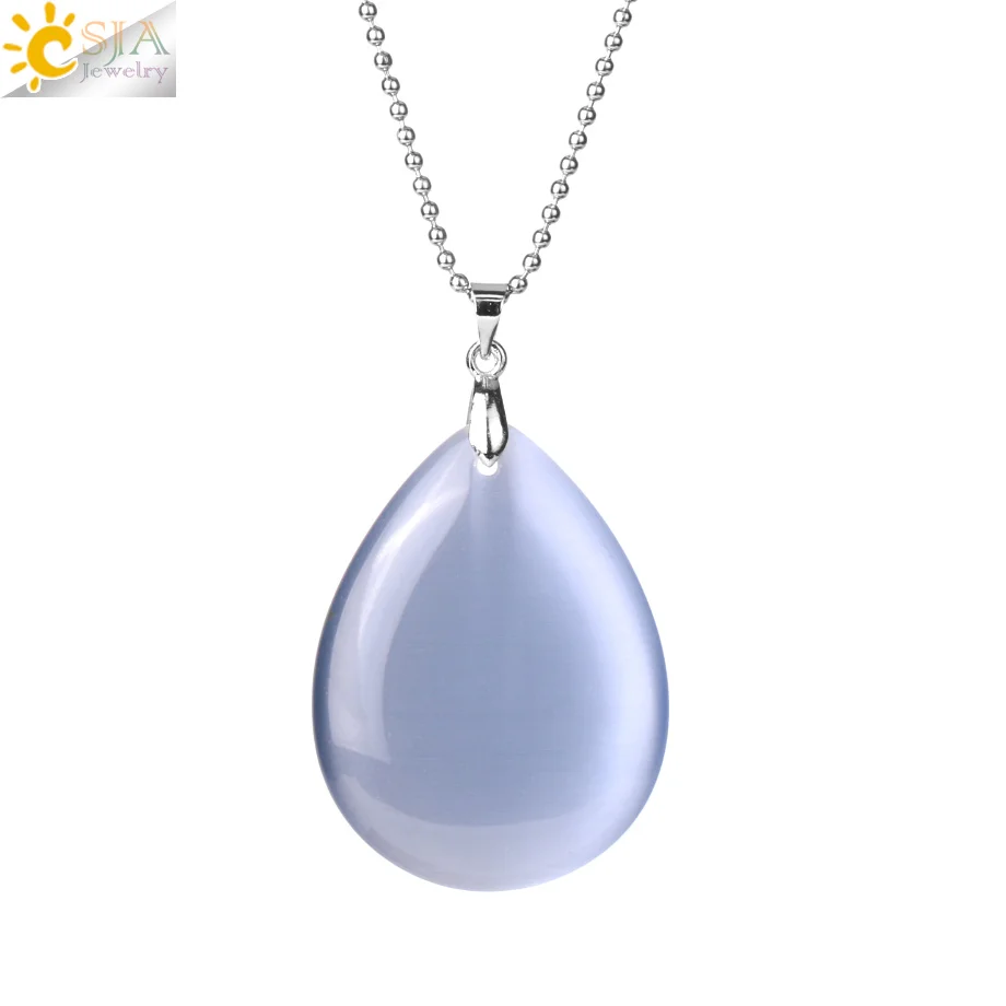 CSJA Big Blue Grey Cat Eye Opal Gem Stone Costume Bubble Necklace Water Drop Pendant Classic Women Jewelry Beaded Chain E160