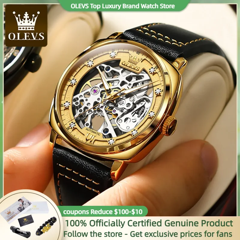Olevs-男性用自動機械式時計,防水,透かし彫りフライホイール,常夜灯,ビジネスファッション,高級ブランド,6651
