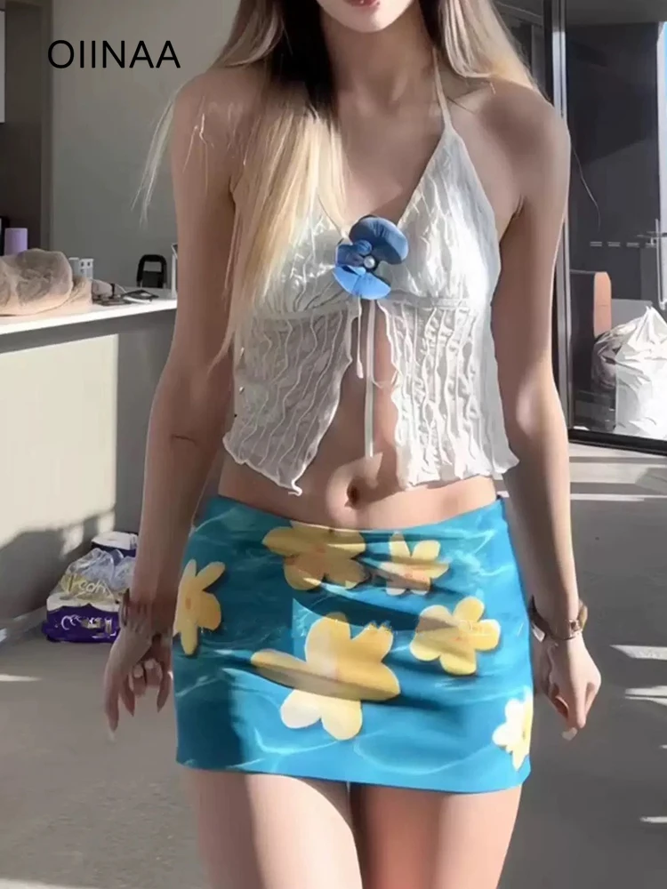 

OIINAA сексуальный купальный костюм женский кружевной укороченный топ с цветочным принтом пляжная юбка лето 2025 корейский комплект бикини Spice Girls