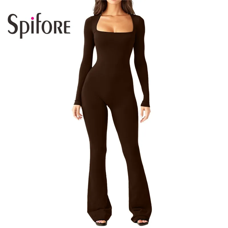 

Spifore 2024 Autumn Winter Long Sleeve Casual Jumpsuits Square Collar Solid Color Skinny Flare Pants Elegant Ladies Rompers