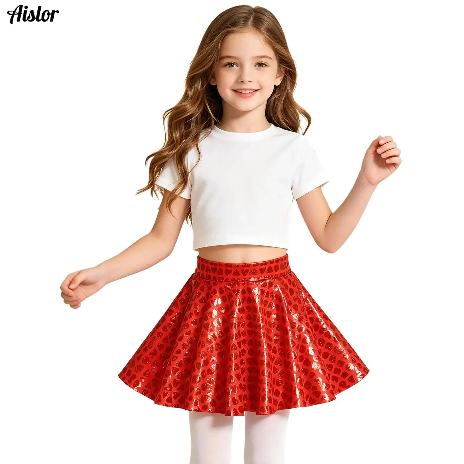 Kids Girls Metallic Heart Printed Skirt Elastic Waist Ruffled Skirt for Disco Hip Hop Jazz Dance Stage Performance Ballet Skirts