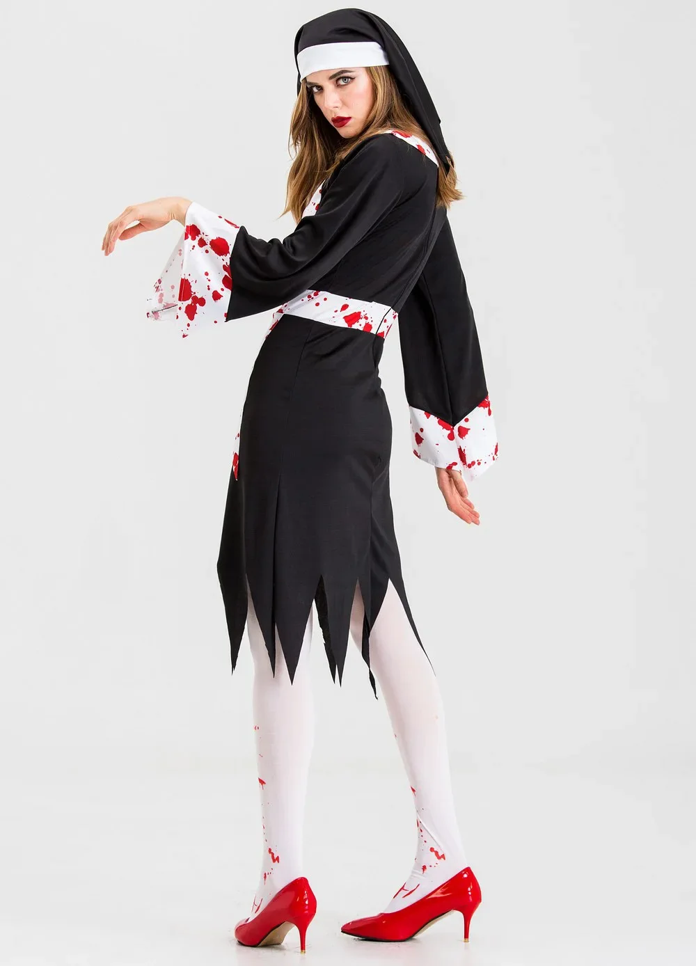 Halloween Nun Cosplay Costume Women Scary Sinful Sister Costumes Vampire Demon Costume Cross Print Long Dress