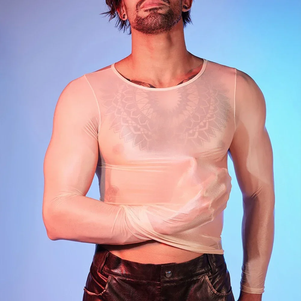 Fashion Men\'s Undershirt Oil Shiny Long Sleeve Tops O-Neck T-Shirts Sexy See Through Male Elastic T-shirt