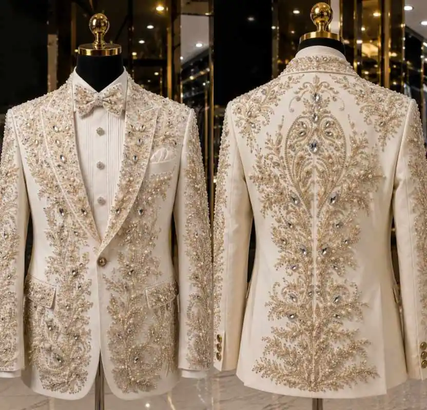 Luxury Man Tuxedos Beaded Single Breasted Peaked Lapel Wedding Suit Handmade Crystal Pearls Evening Groom For Party Customized