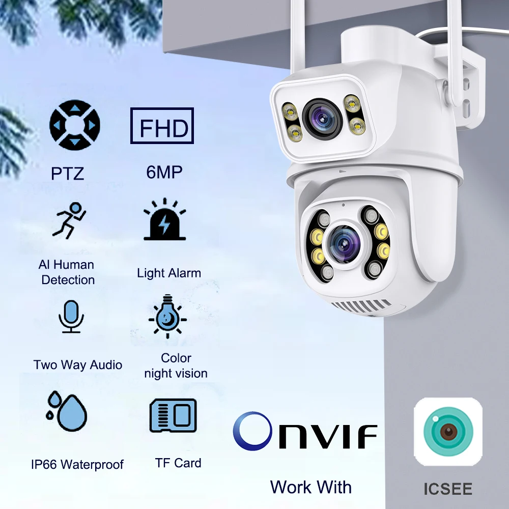 

6MP Dual Screen Bullet IP66 IP Camera Two Lens Color Night Vision Two Way Audio Wired PTZ Security Camera AI Track Onvif ICSEE