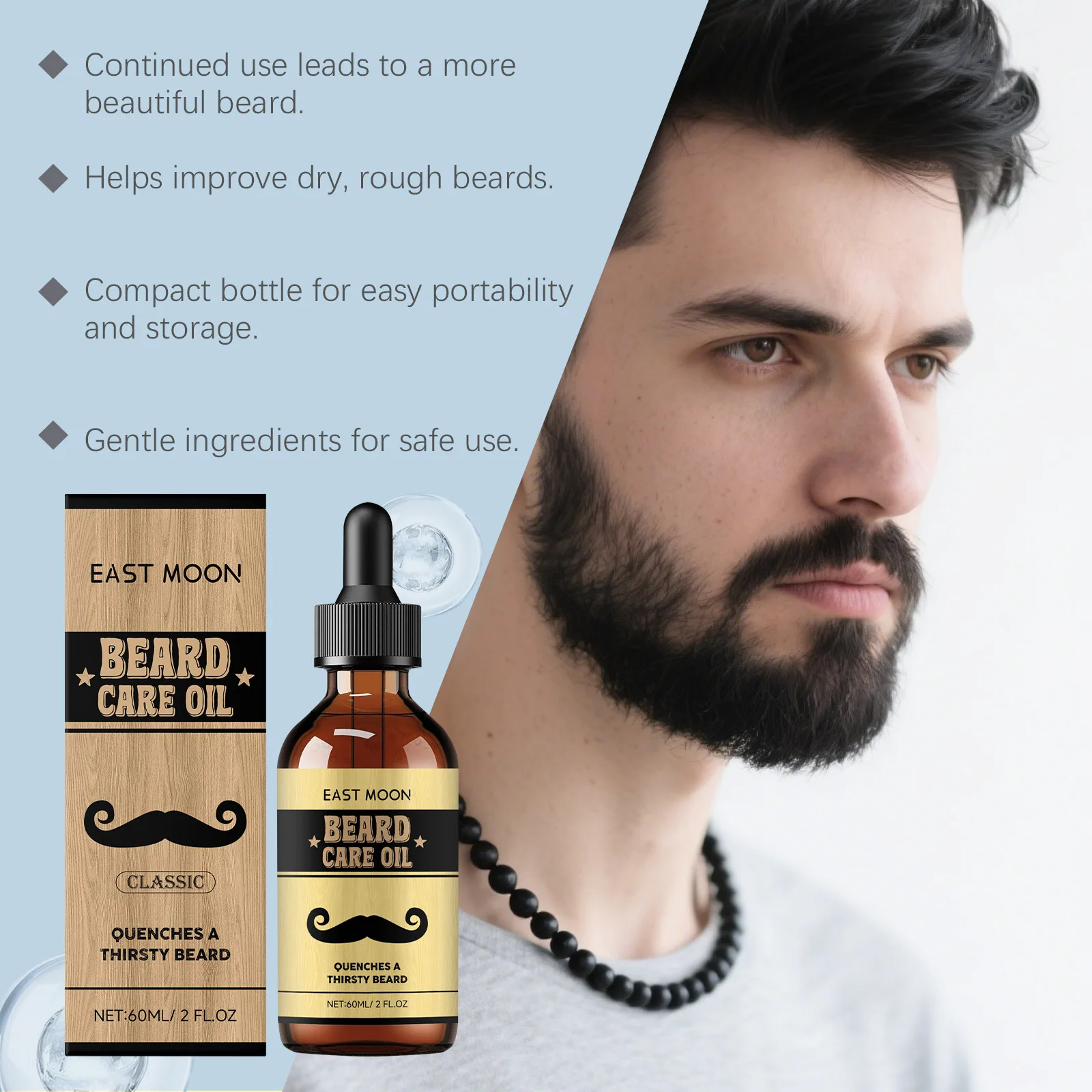 زيت العناية باللحية المعطر بالزهور على شكل قمر الشرق، مغذي ودائم، رعاية يومية، منعش ومهدئ للبشرة، زيوت اللحية ذات العطر الطبيعي