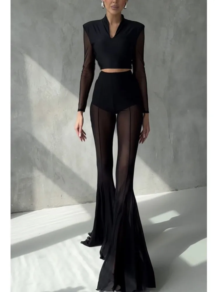 Sexy Sheer Flare Pants For Women Fashion Solid High Waist Long Pants Lady Casual Holiday Streetwear Women's Clothing New 2025