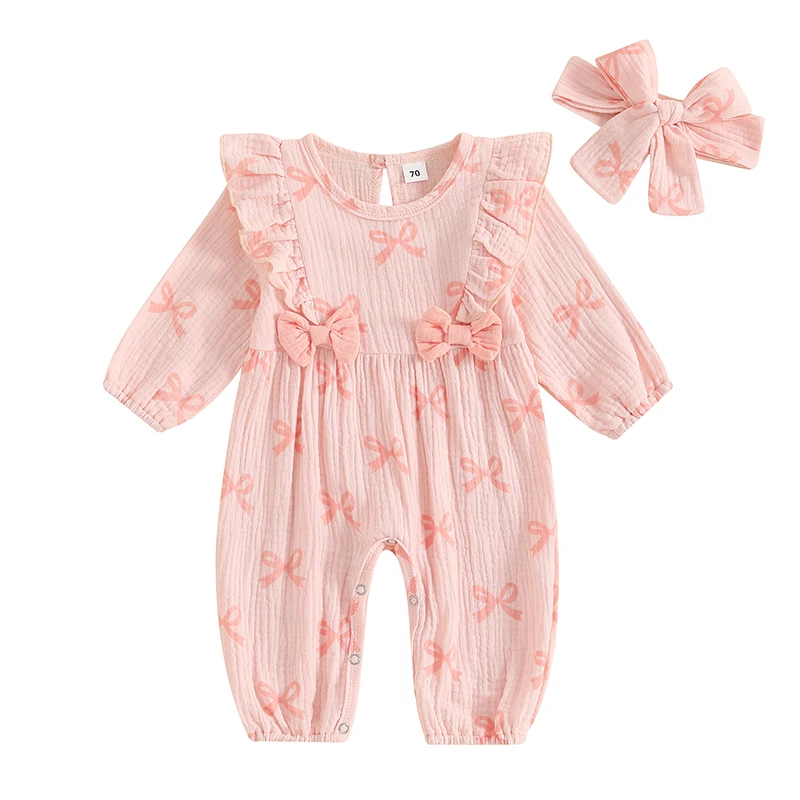 

Baby Girl 2Pcs Fall Outfits Long Sleeve Bow Print Ruffle Jumpsuit with Headband Set Newborn Clothes