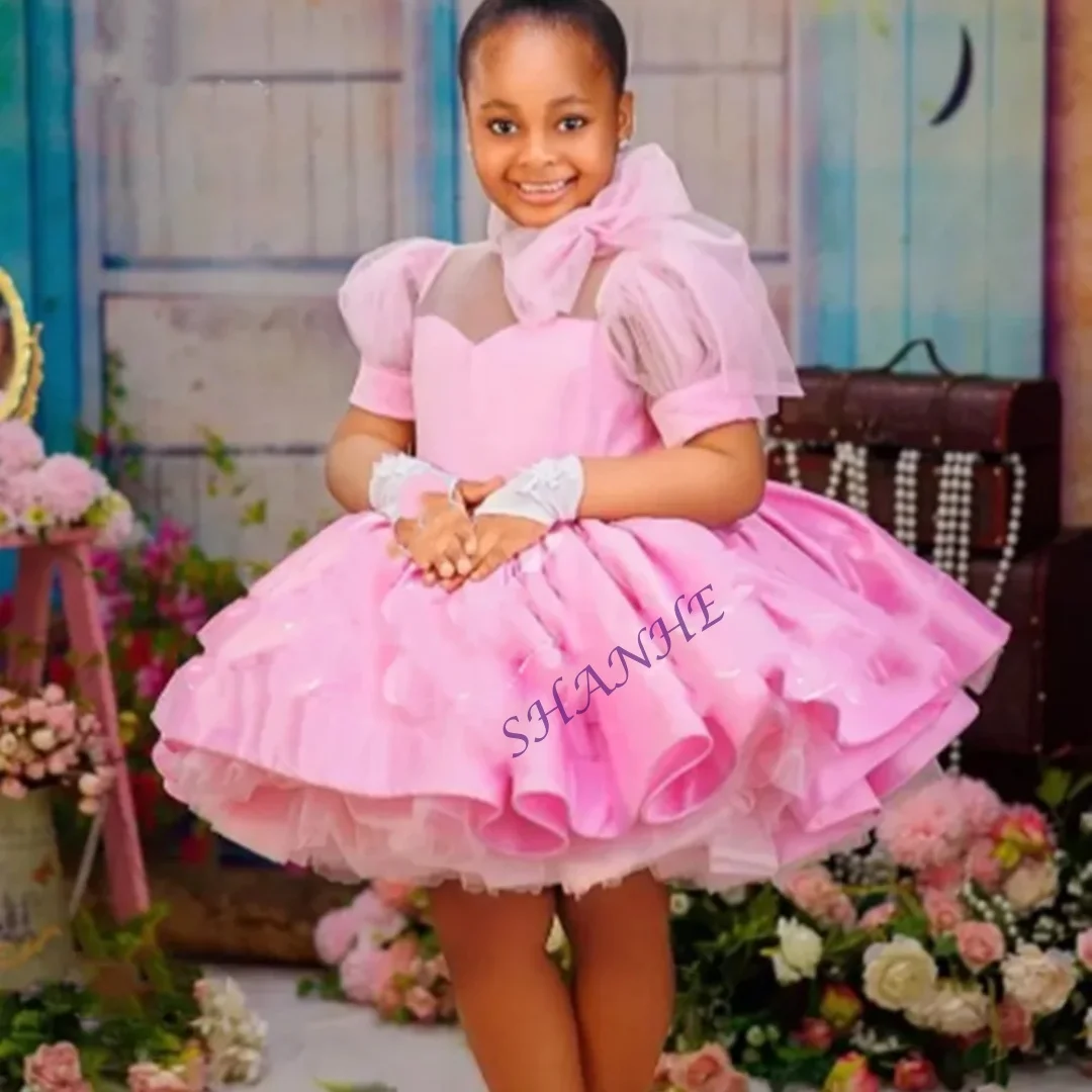 فستان فتاة الزهور الوردي المخصص لحفلات الزفاف منتفخ طول الركبة وأكمام قصيرة لطيف طفل أطفال عيد ميلاد أول مناولة فستاين سهرة/فساتين الحفلات