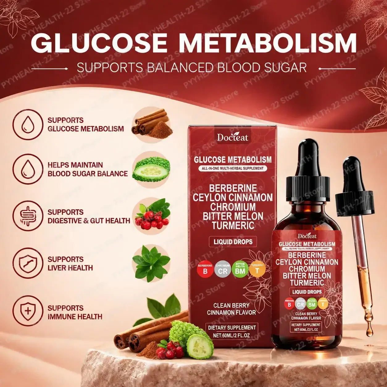 Glucose Metabolism Liquid Drops,Blood Sugar Balance, Berberine HCl Ceylon Cinnamon Chromium Bitter Melon Turmeric Blend, 60ml