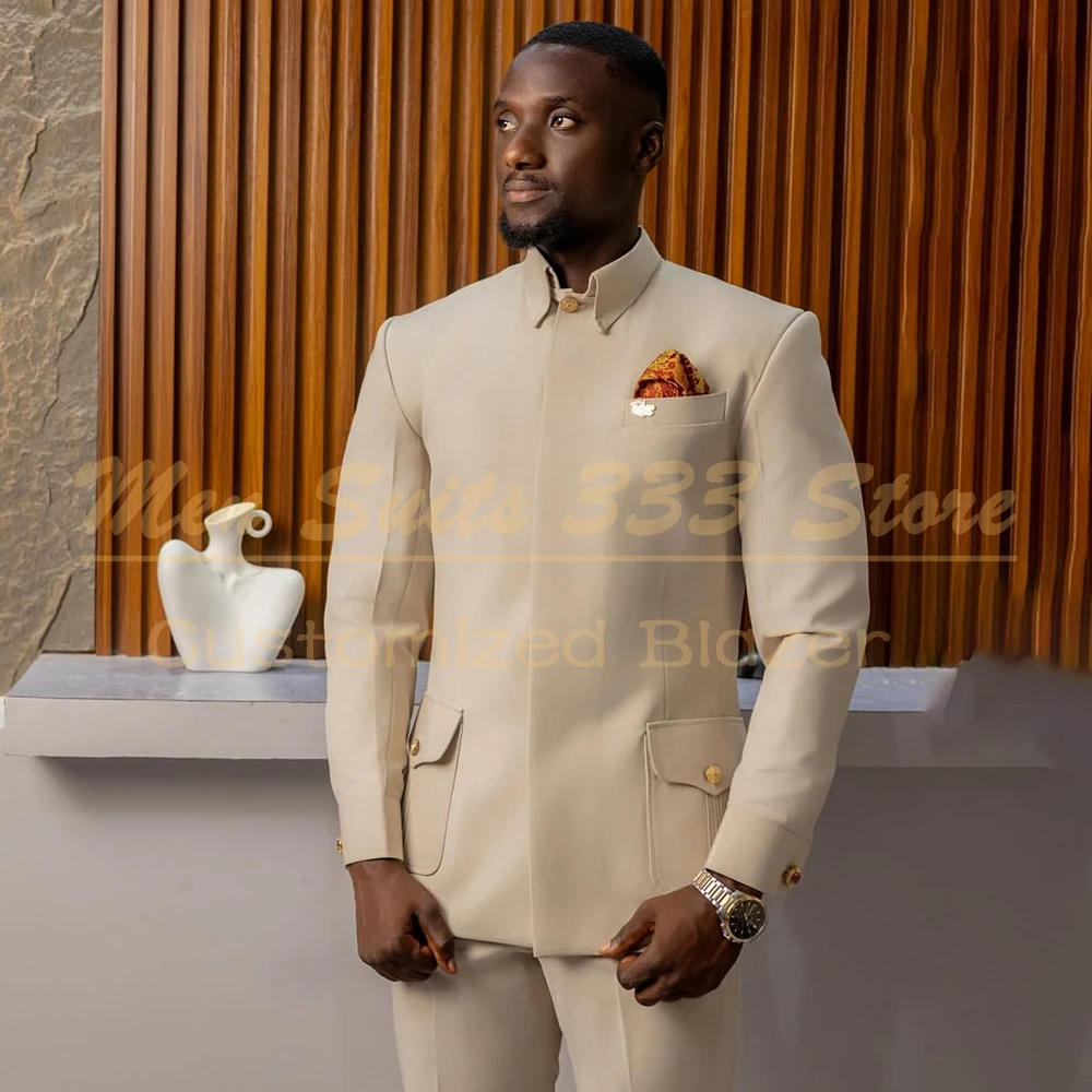Elegant 2 Piece Jacket Pants Sets Formal Men's Suits Sand Lapel Regular Fit Back Split Business Smart Casual Male Cothing Blazer