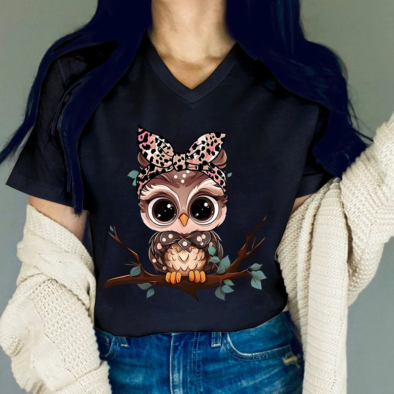 Cartoon Leopard Owl Print T Shirt Women Cute Owl Graphic Shirts Casual Short Sleeved White Female Tee V-neck Harajuku T-shirts