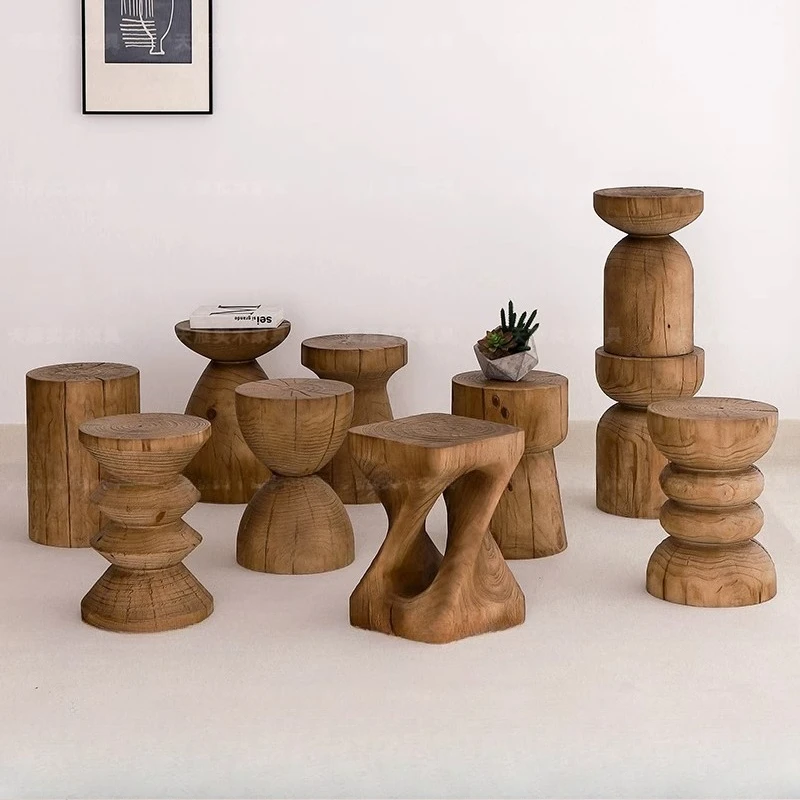 TTTTsolid Wood Wooden Stool Log Edge Few Round Household Bedside Table Creative Coffee Table Homestay Stump Low Stool Root Carvi