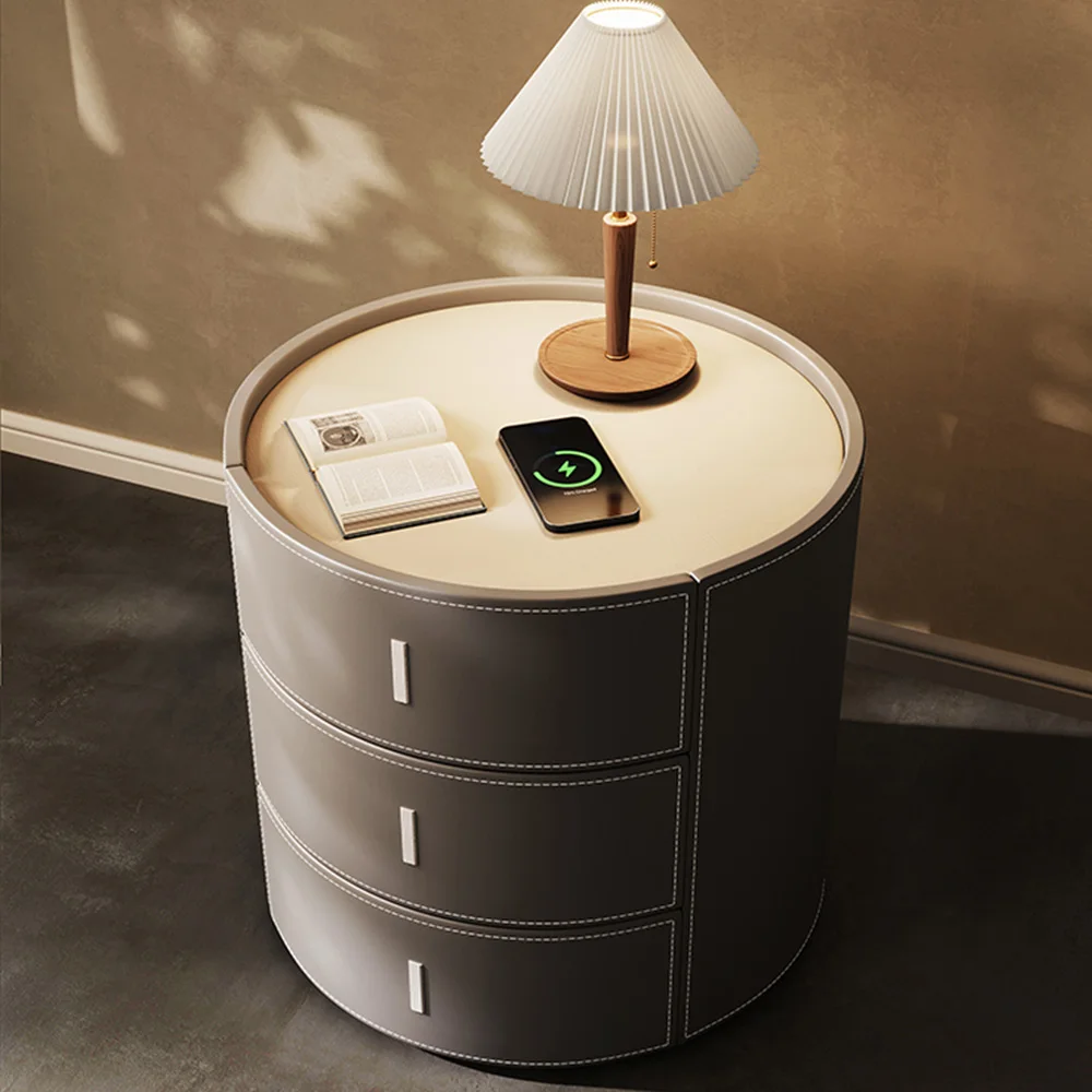 Modern Bedroom Round Design Saddle Leather Bedside Table Luxury Side Table Bedroom Furniture