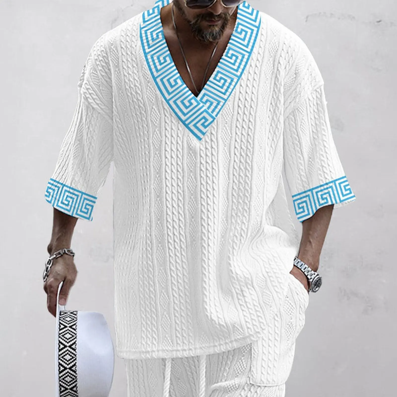 2024 High-quality Men\'s Set Summer New Cotton 3D Printed Fashion Men\'s Wear V-neck Half-sleeve T-shirt And Shorts Two-piece Set