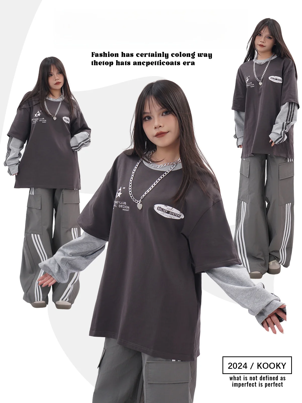 

ay round Ne Overhead American Retro High Street Loose Fit Hoodie Women's Trendy Brand Letter Print Fake Two-Piece Top