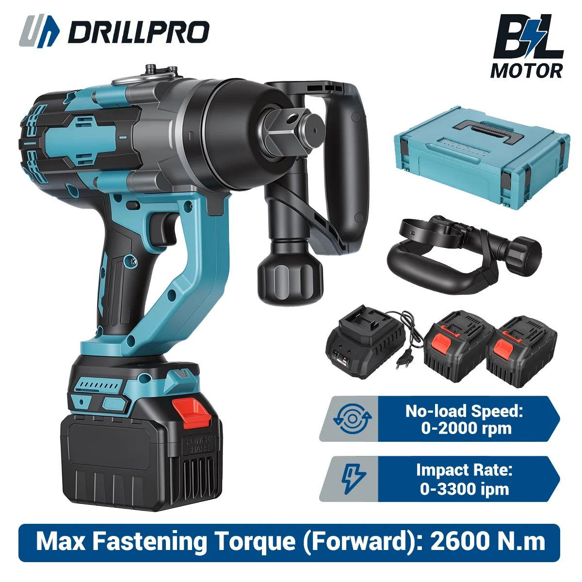 Drillpro 3000N.m Chiave Elettrica a Impulsi Brushless con Coppia, Attacco Quadrato da 1", 2000rpm, 3300ipm, Avvitatore a Impulsi Senza Fili con Due Batterie