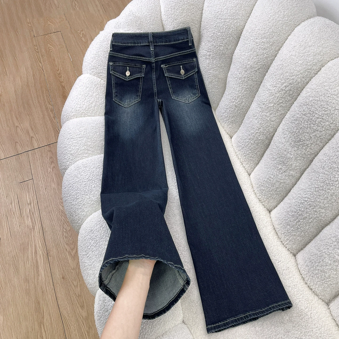 American Style High Waist Draped Wide Leg Jeans Women's Trendy Fall New High Waist Casual Flared Pants Cotton Stretch Denim