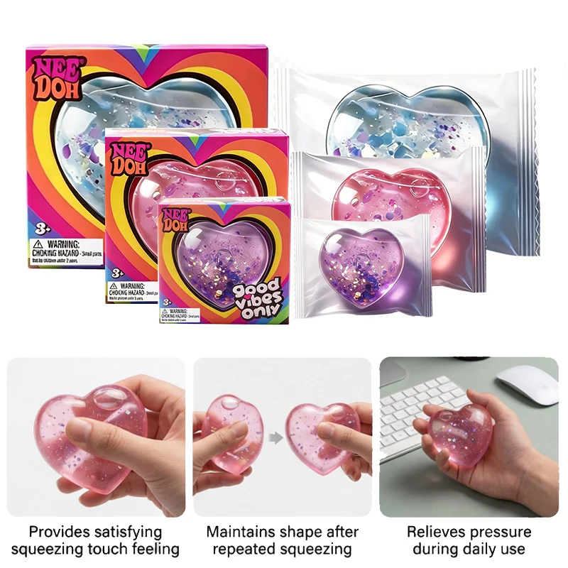 Needoh Good Vibes Only Glitter Heart Shaped Squeeze Toy Slow Rising Squishy ADHD Fidget Toy Anxiety Relief Adults Portable Gift