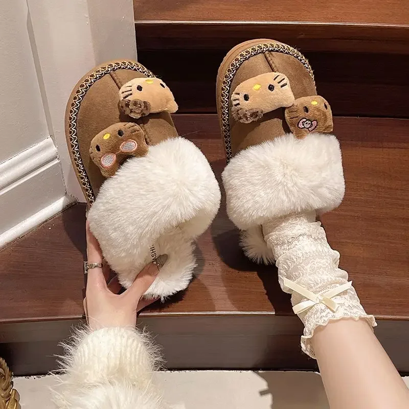 

Anime Hello Kitty Plush Slippers Y2K Sanrio Women Cotton Slipper Cute Cartoon Warm Home Shoes Outdoor Antiskid Flat Slippers