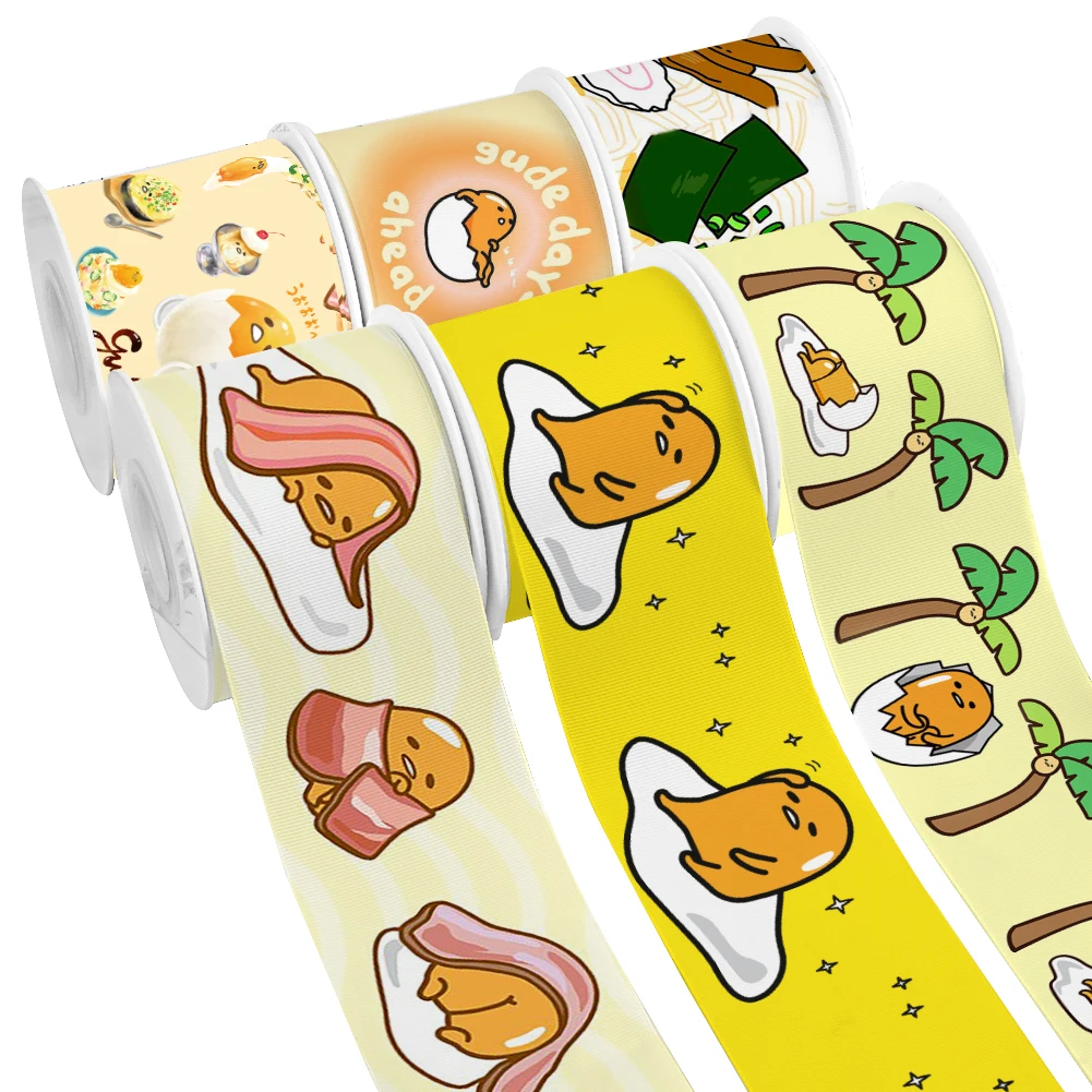 

Японский желтый желток мультфильм Gudetama дизайн печатная корсажная атласная лента для упаковки подарков бант для волос 50 ярдов