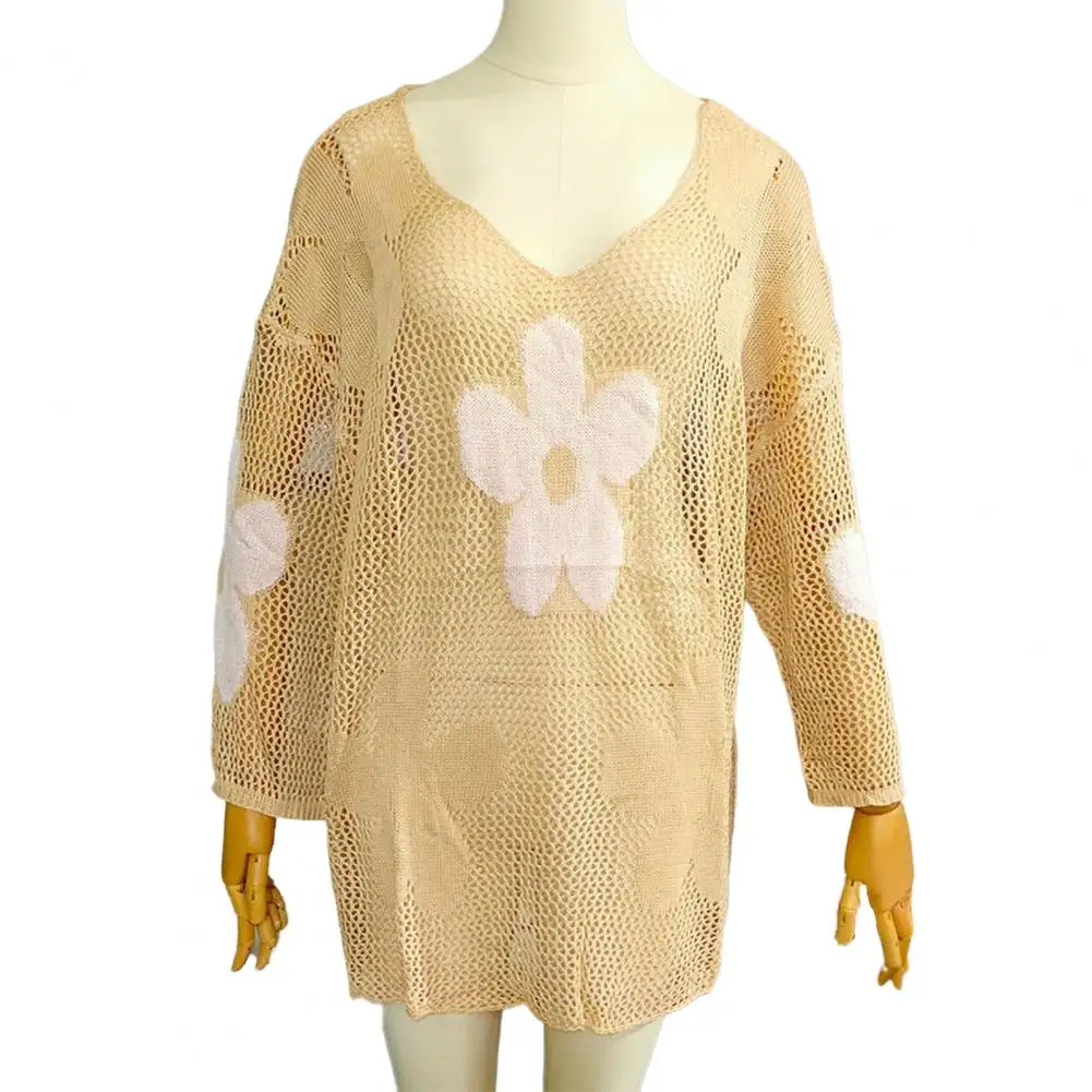 طباعة تصميم جوفاء الشاطئ التستر الأعلى الربيع النساء تريكو الخامس الرقبة طويلة الأكمام البلوز الحياكة القمم خفيفة الوزن متماسكة زهرة