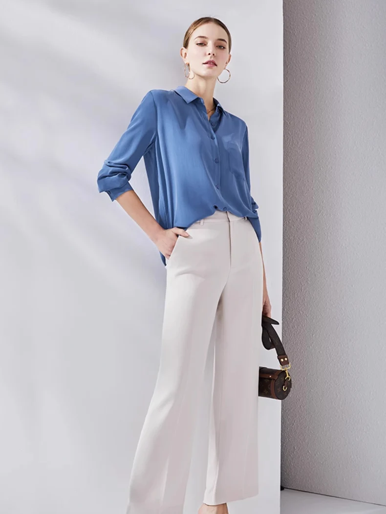 SuyaDream, Woman Solid Shirts, 100%Silk Crepe, Long Sleeved, Chest Pocket Chic Blue Blouses, 2024 Spring Summer Office Lady Top